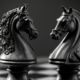 a black and white photo of a chess board with a horse head on top of the chess board and a horse head on the board. . generative ai
