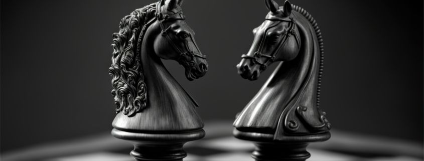 a black and white photo of a chess board with a horse head on top of the chess board and a horse head on the board. . generative ai